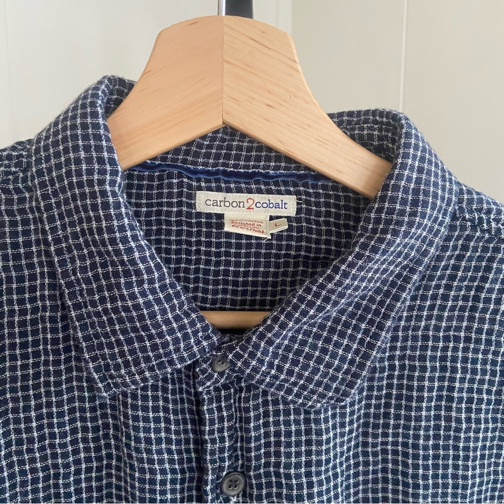 Carbon2Cobalt Double Cloth Blue Plaid Button Up Cotton Shirt Men Slim Large